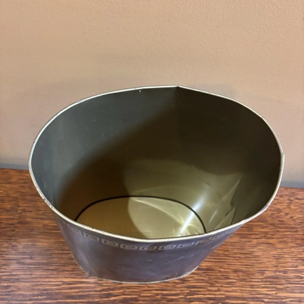 Vintage Cheinco Metal Wastebasket Greek Key Black Gold Mid Century Trash Can